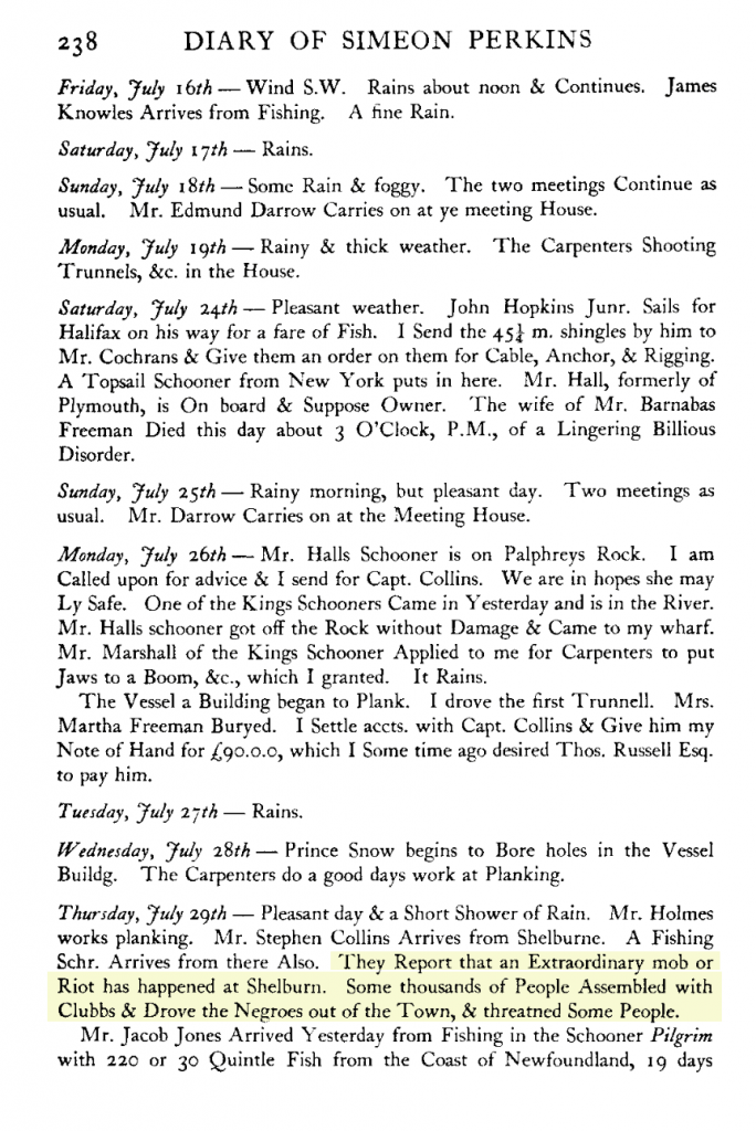 Simeon Perkins Diary - Riot in Shelburne 1784 | Queens County Museum
